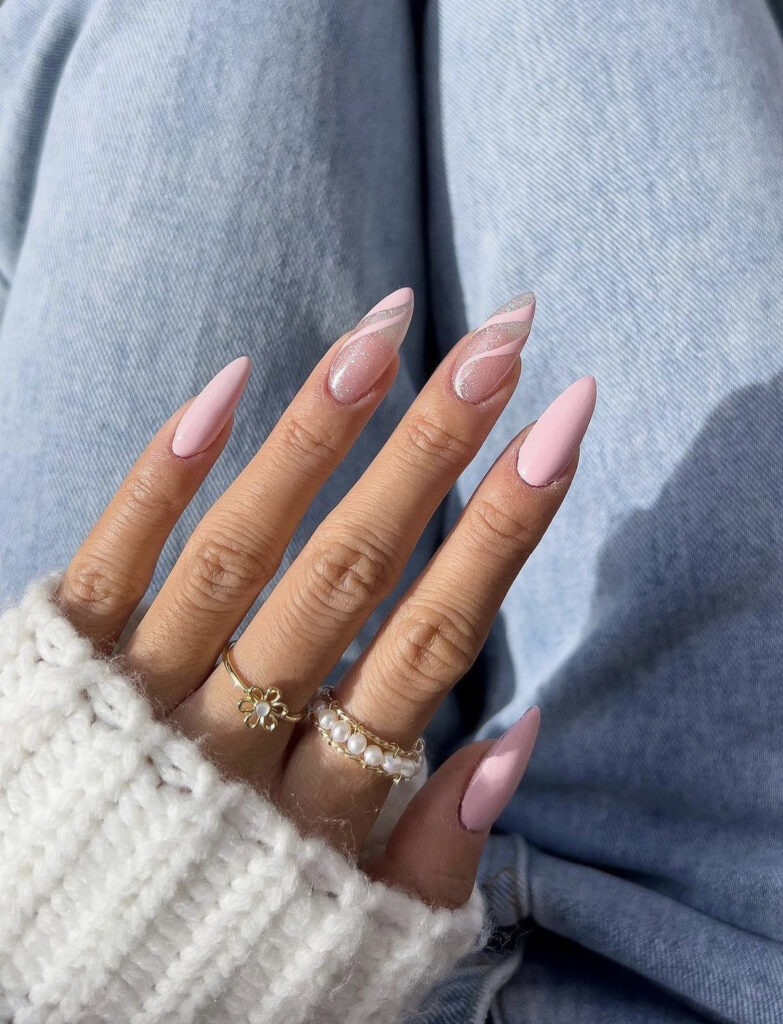 Matte Pink Glitter Swirl Stilettos — Pink and White Nails