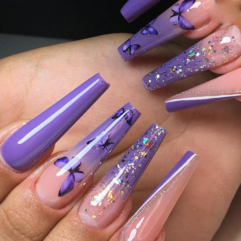 Sheer Pink to Purple Butterfly Gradient — Long Nails