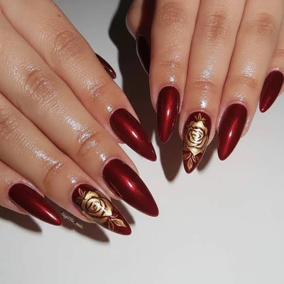 Metallic Red Rose Almond Nails Metallic Red Rose Almond Nails — Concert Nails
