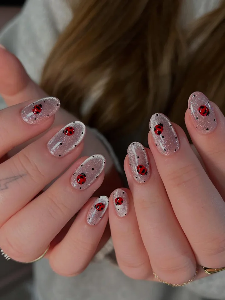 Short Oval Ladybug and Dot Nails — Nail Designs
