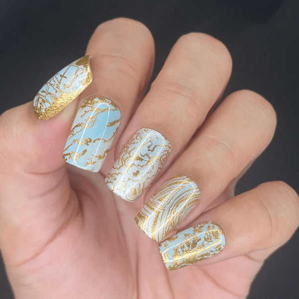 Gold Foil Marbling on Light Blue — Nails for Women Over 40
