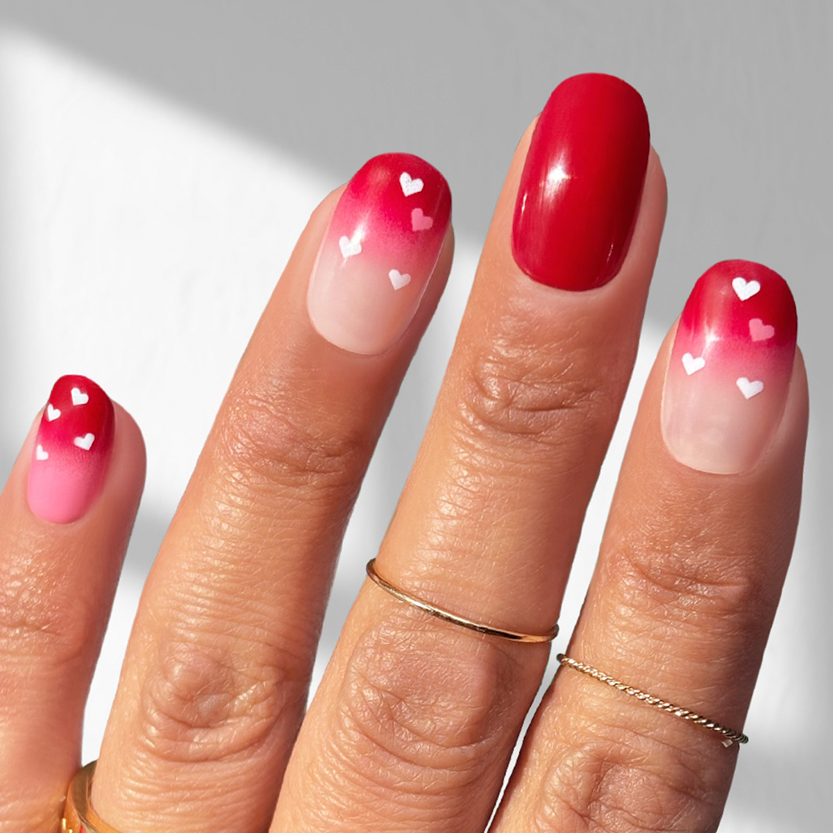 Romantic Crimson Ombre with Heart Details — Medium Nails