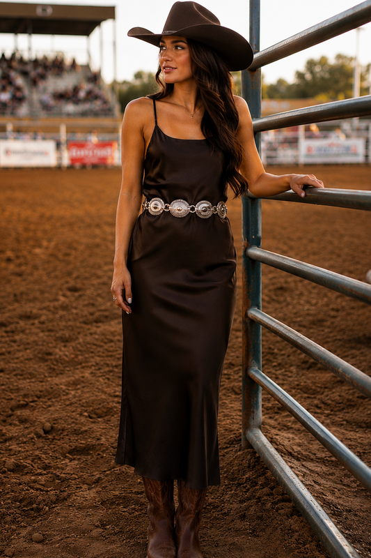 Satin Slip Dress Meets Western Edge with Cowboy Boots — Rodeo Outfits