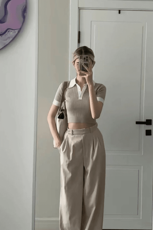 Ribbed Polo Crop Top with Wide-Leg Tan Trousers — Clean Girl Outfits