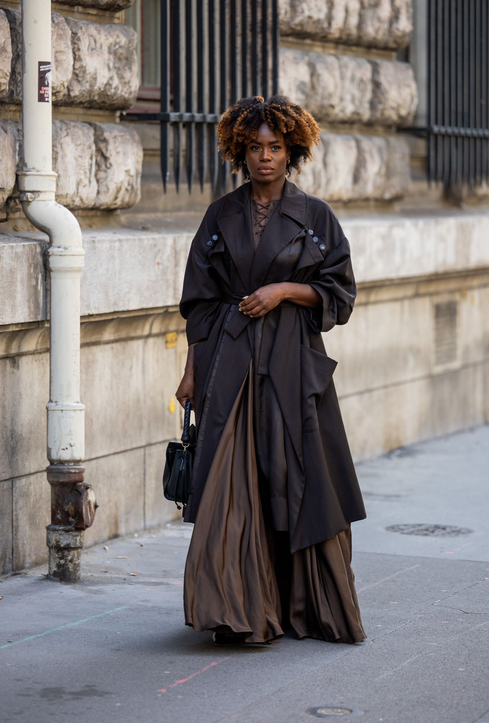 Longline Coat Over Lace-Up Top and Maxi Skirt Longline Coat Over Lace-Up Top and Maxi Skirt — Layering Outfits