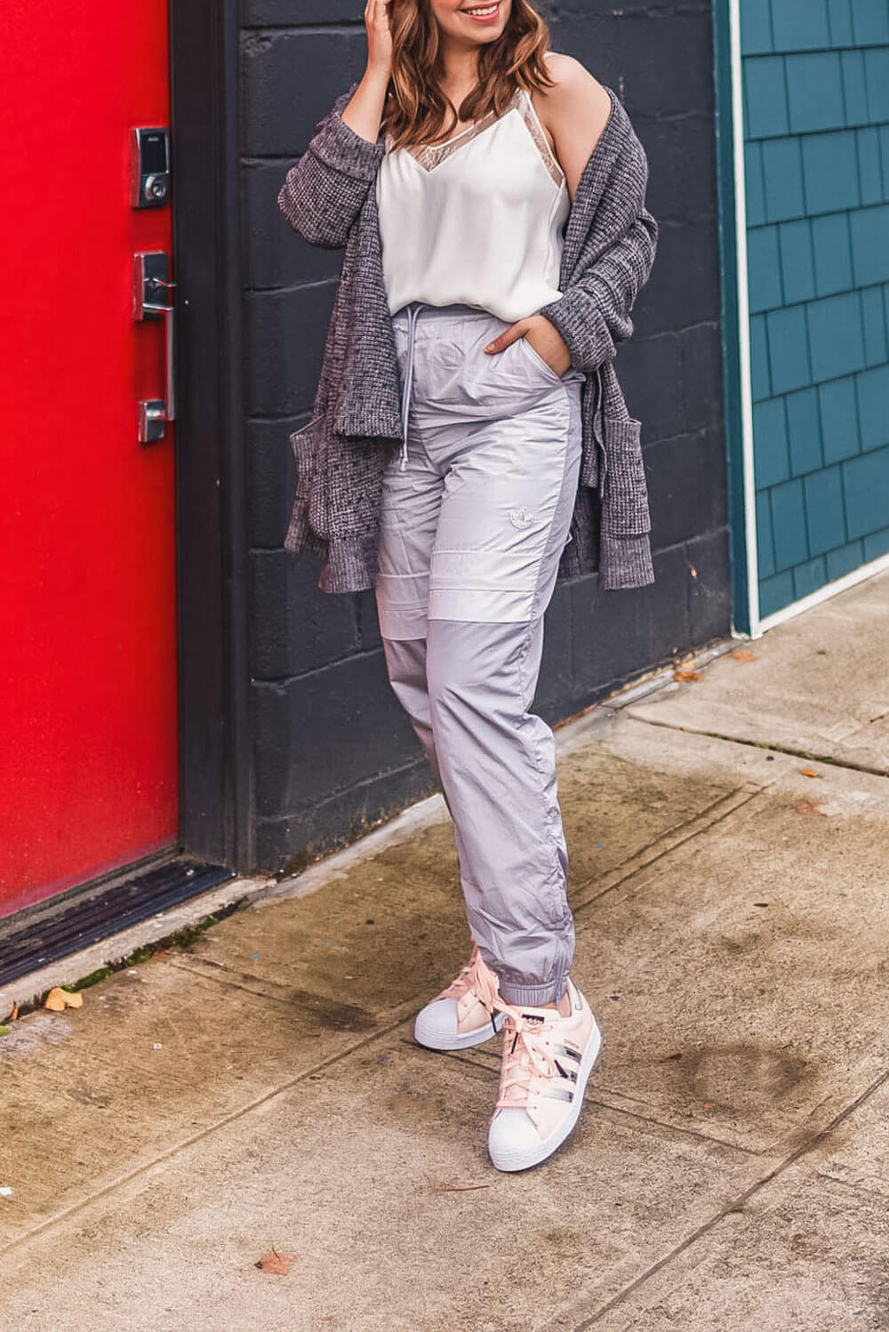 Shiny Track Pants with Oversized Cardigan Shiny Track Pants with Oversized Cardigan — Athleisure Outfits