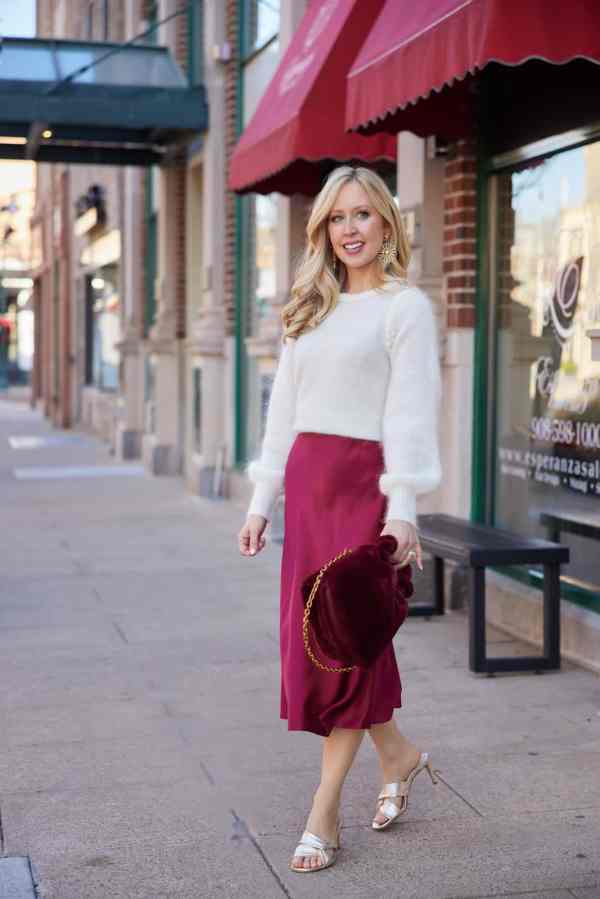 Cream Fuzzy Sweater with Burgundy Satin Skirt for a Textured Dinner Look Cream Fuzzy Sweater with Burgundy Satin Skirt for a Textured Dinner Look — Dinner Outfits