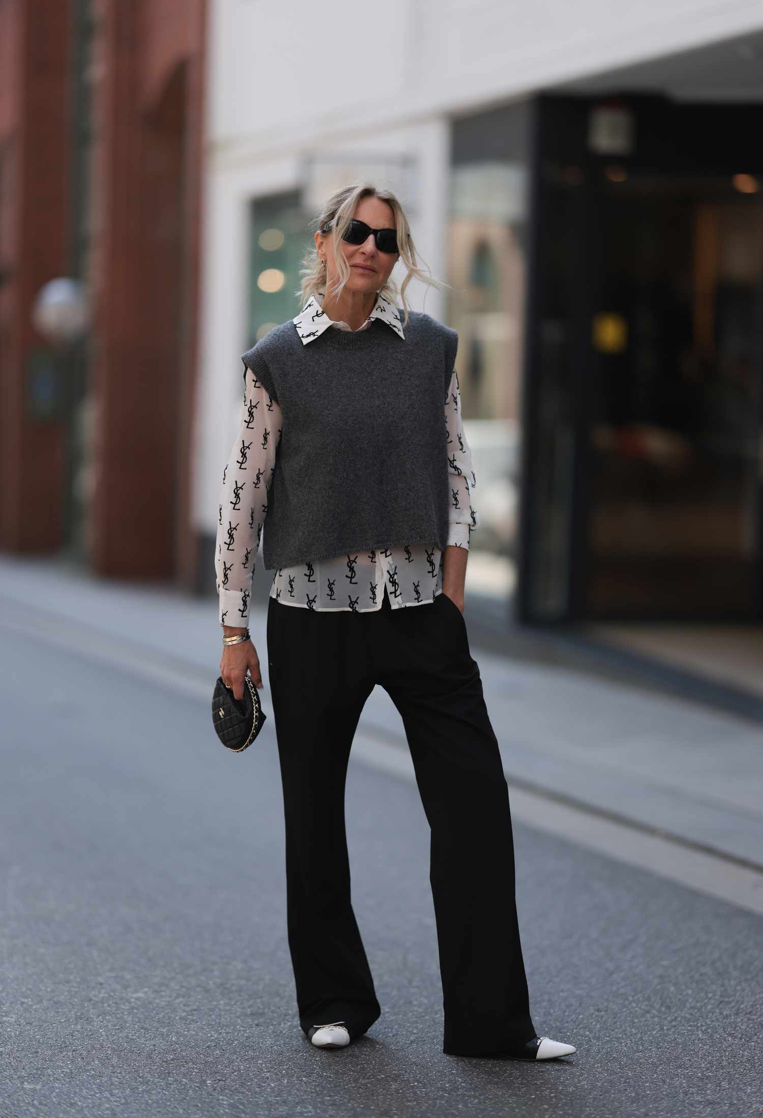 Printed Sheer Shirt with Grey Knitted Vest and Black Trousers Printed Sheer Shirt with Grey Knitted Vest and Black Trousers — Going Out Outfits