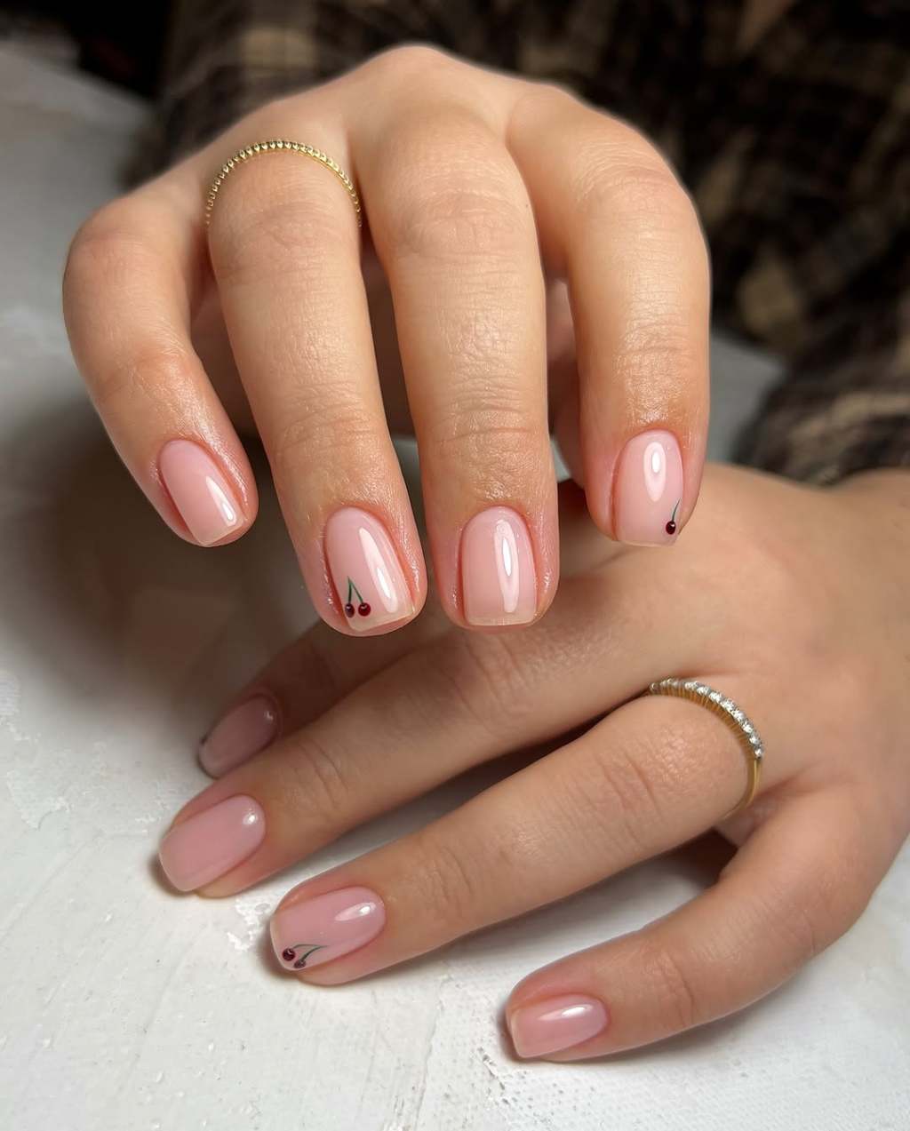 Short Oval Sheer Pink With Tiny Cherries Short Oval Sheer Pink With Tiny Cherries — Cherry Nails