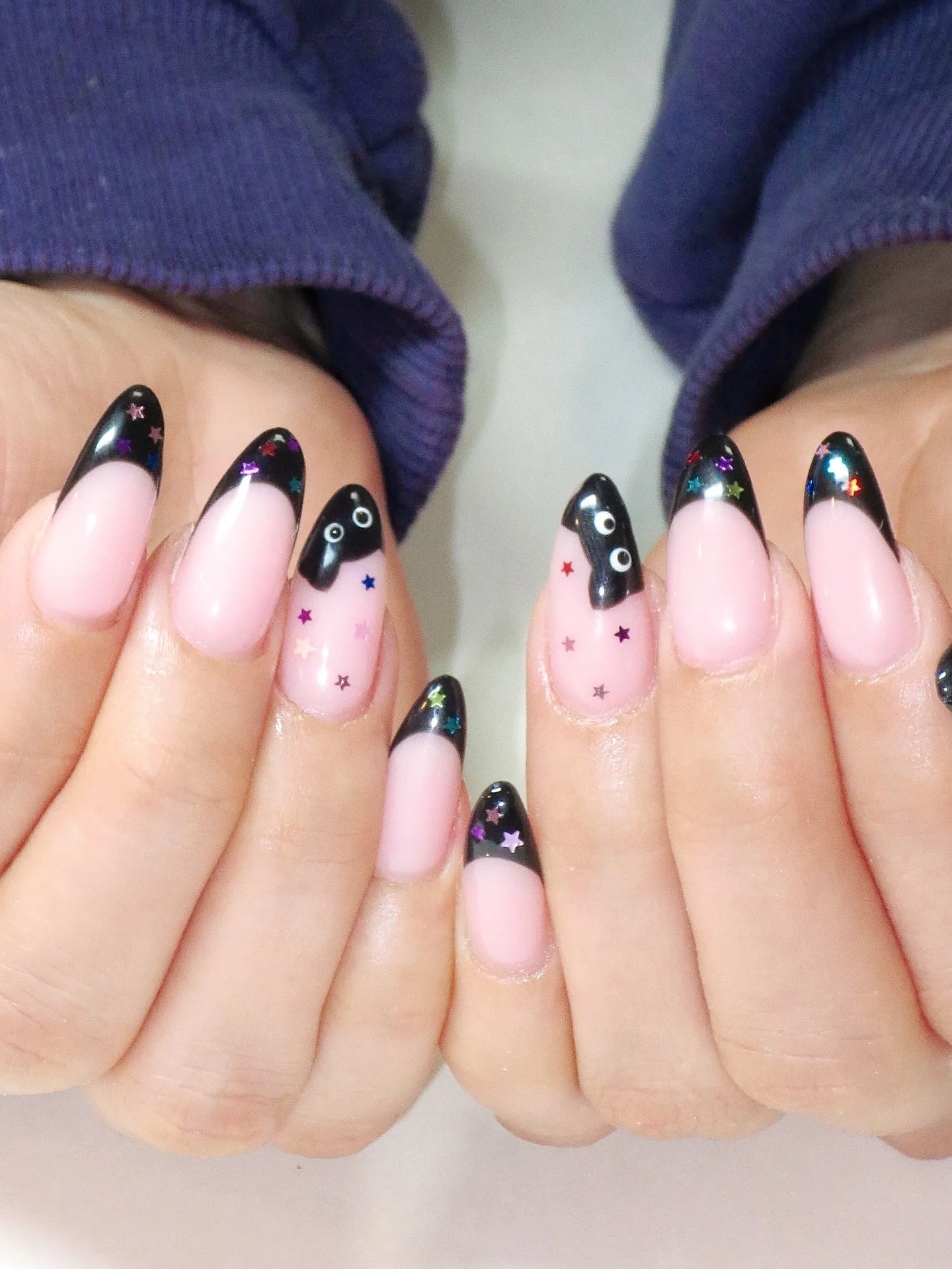 Black French Tips with Glitter Star Accents Black French Tips with Glitter Star Accents — Black French Tip Nails