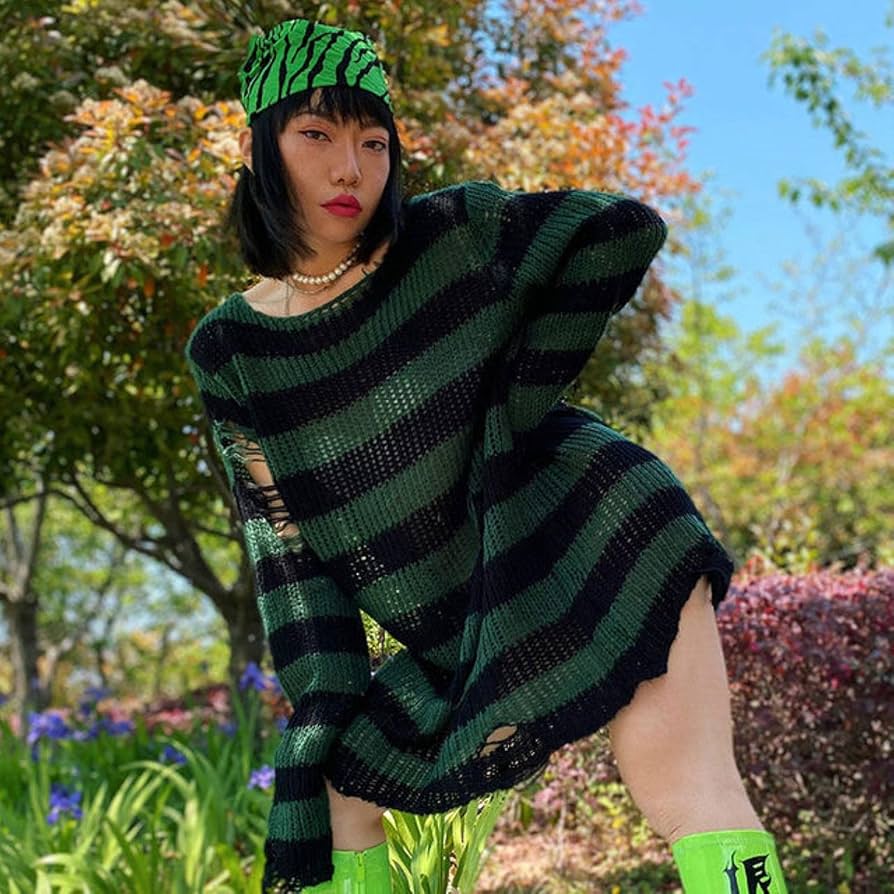 Distressed Striped Knit Sweater with Neon Accents — Alt Outfits