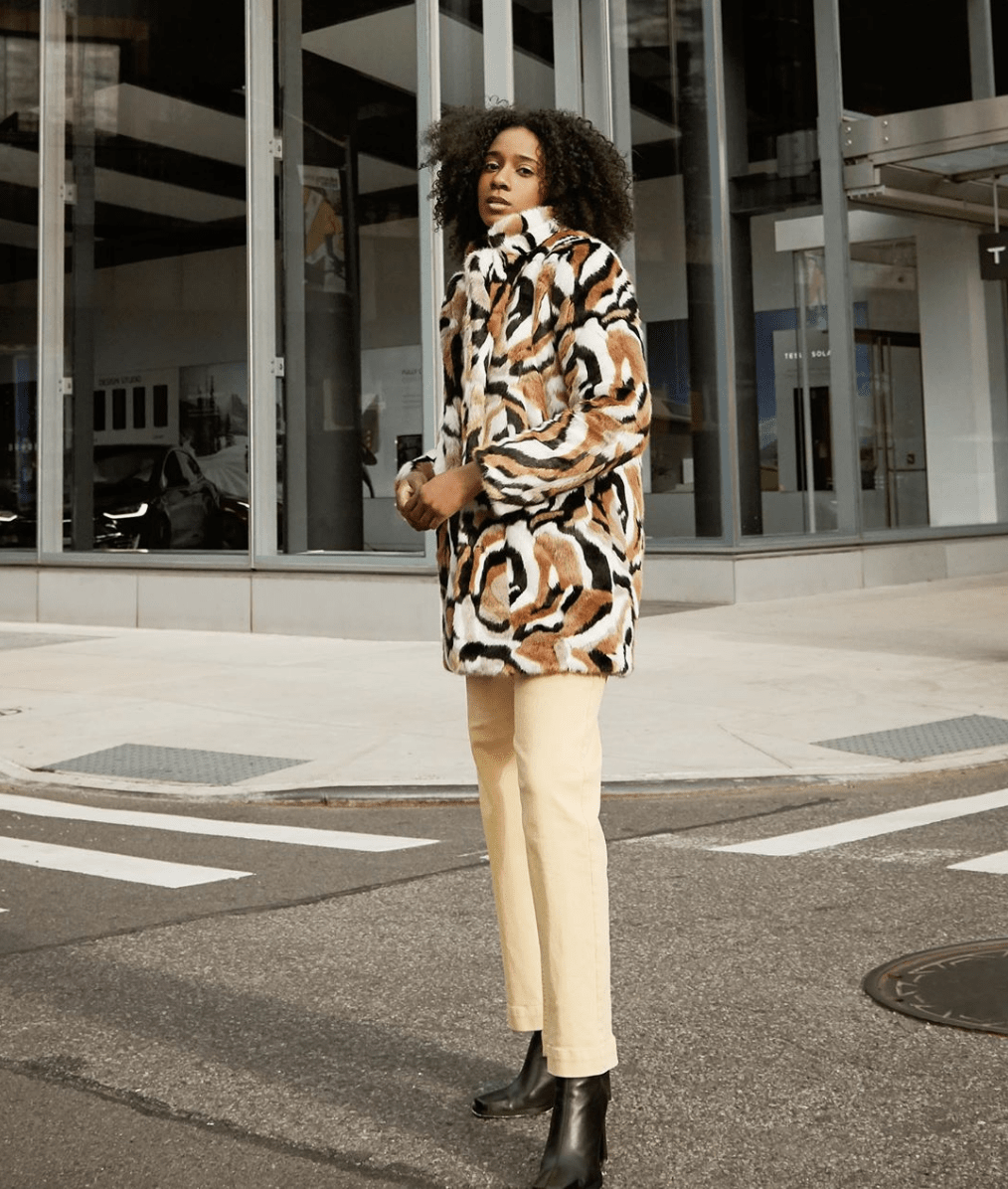 Statement Faux Fur Coat Over Straight Leg Trousers Statement Faux Fur Coat Over Straight Leg Trousers — 70s Outfits