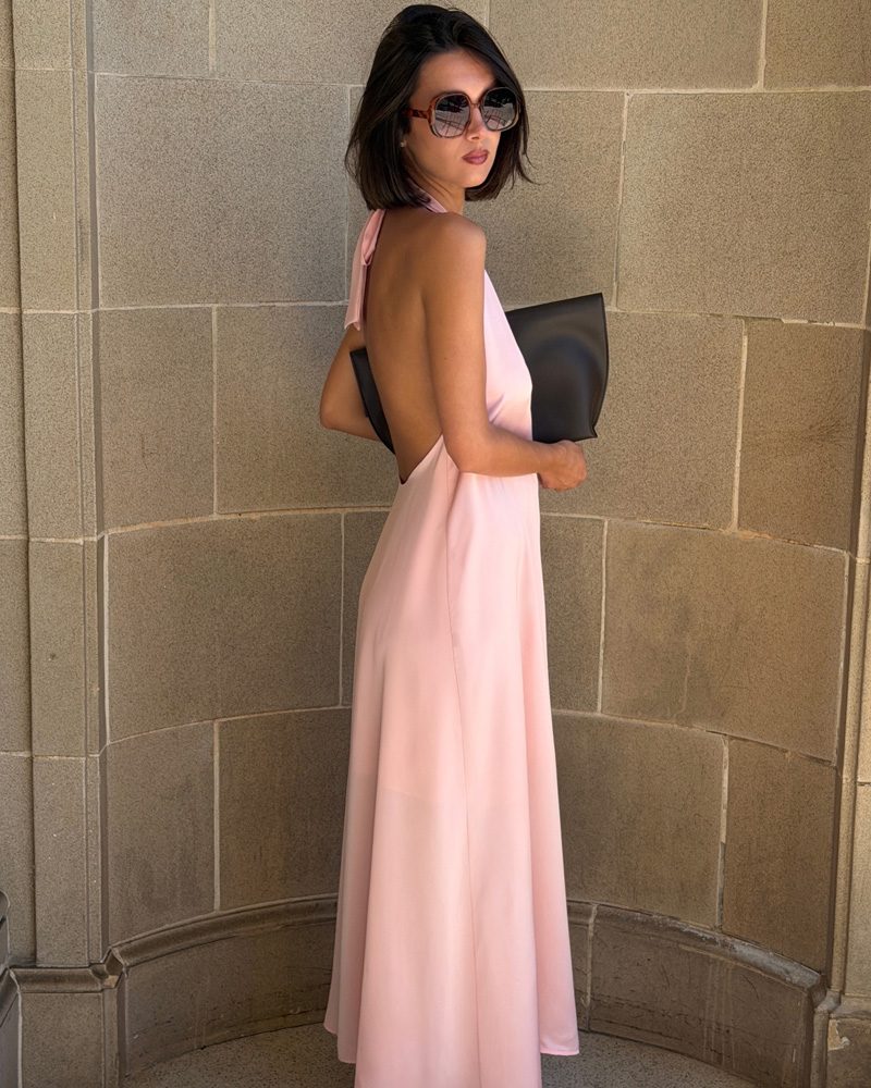 Breezy Elegance: Light Pink Halter Neck Maxi Dress Breezy Elegance: Light Pink Halter Neck Maxi Dress — Wedding Guest Outfits