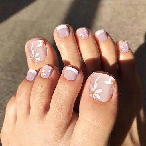Pale Pink French Tips with Floral Decals Toenails Pale Pink French Tips with Floral Decals Toenails — Toe Nails