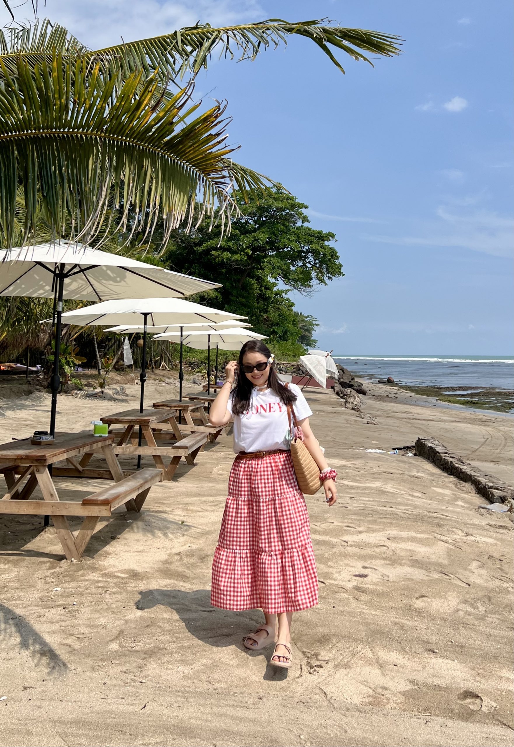 Gingham Midi Skirt with Graphic T-Shirt and Sandals — Beach Outfits