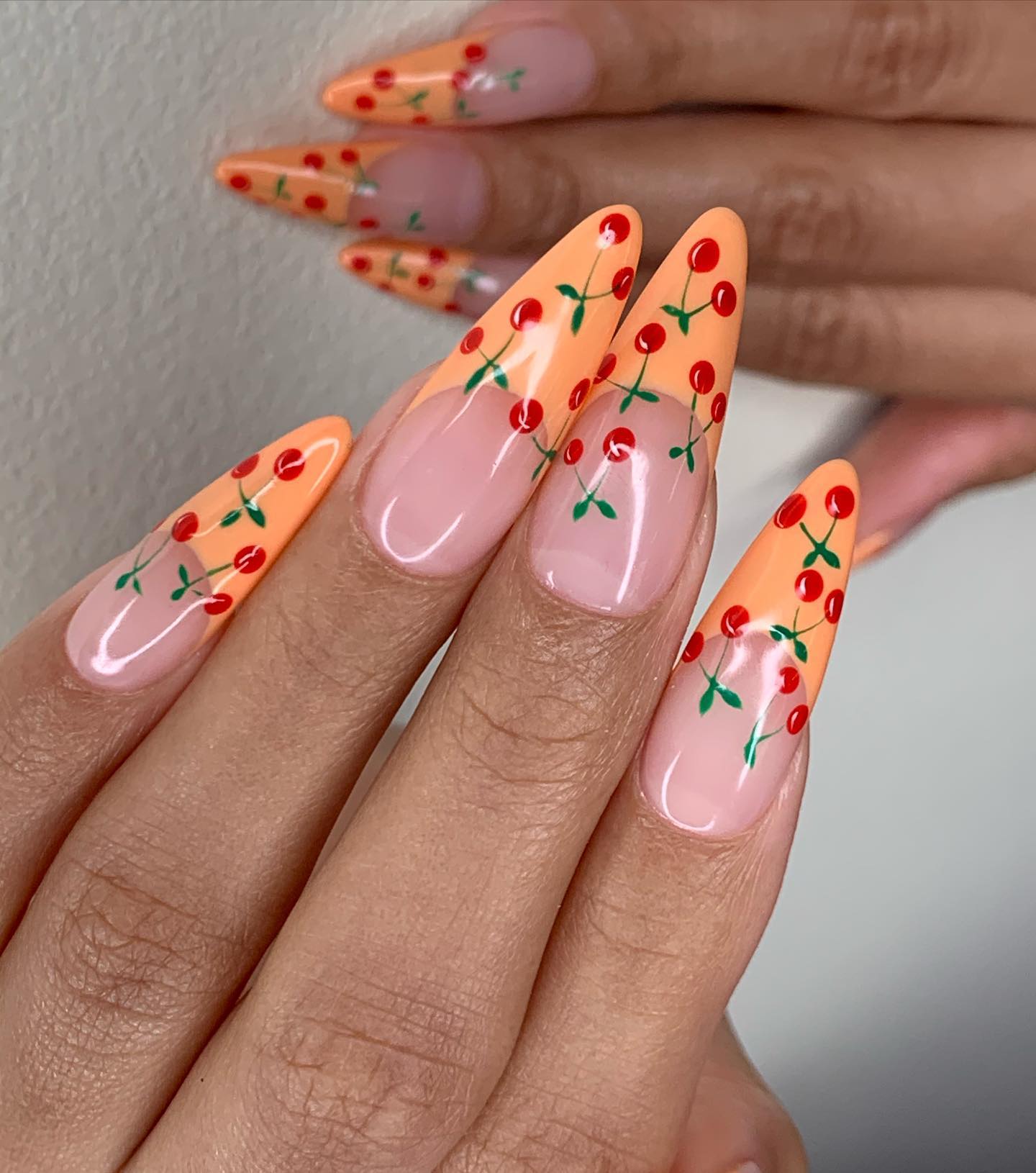 Long Stiletto Orange French Tips With Cherries Long Stiletto Orange French Tips With Cherries — Cherry Nails