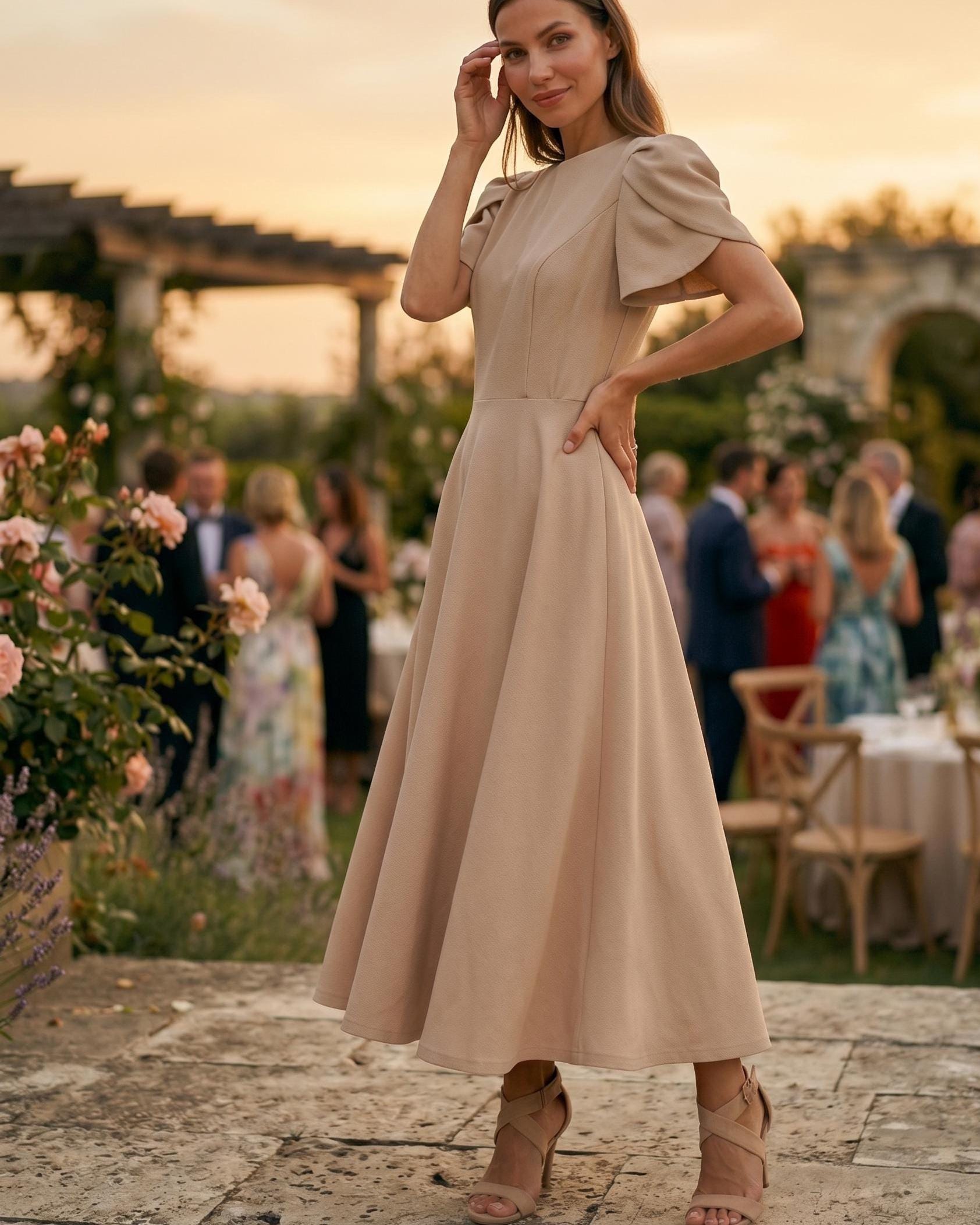 Beige Midi Dress with Puffed Sleeves for Garden Events — Tea Party Outfits