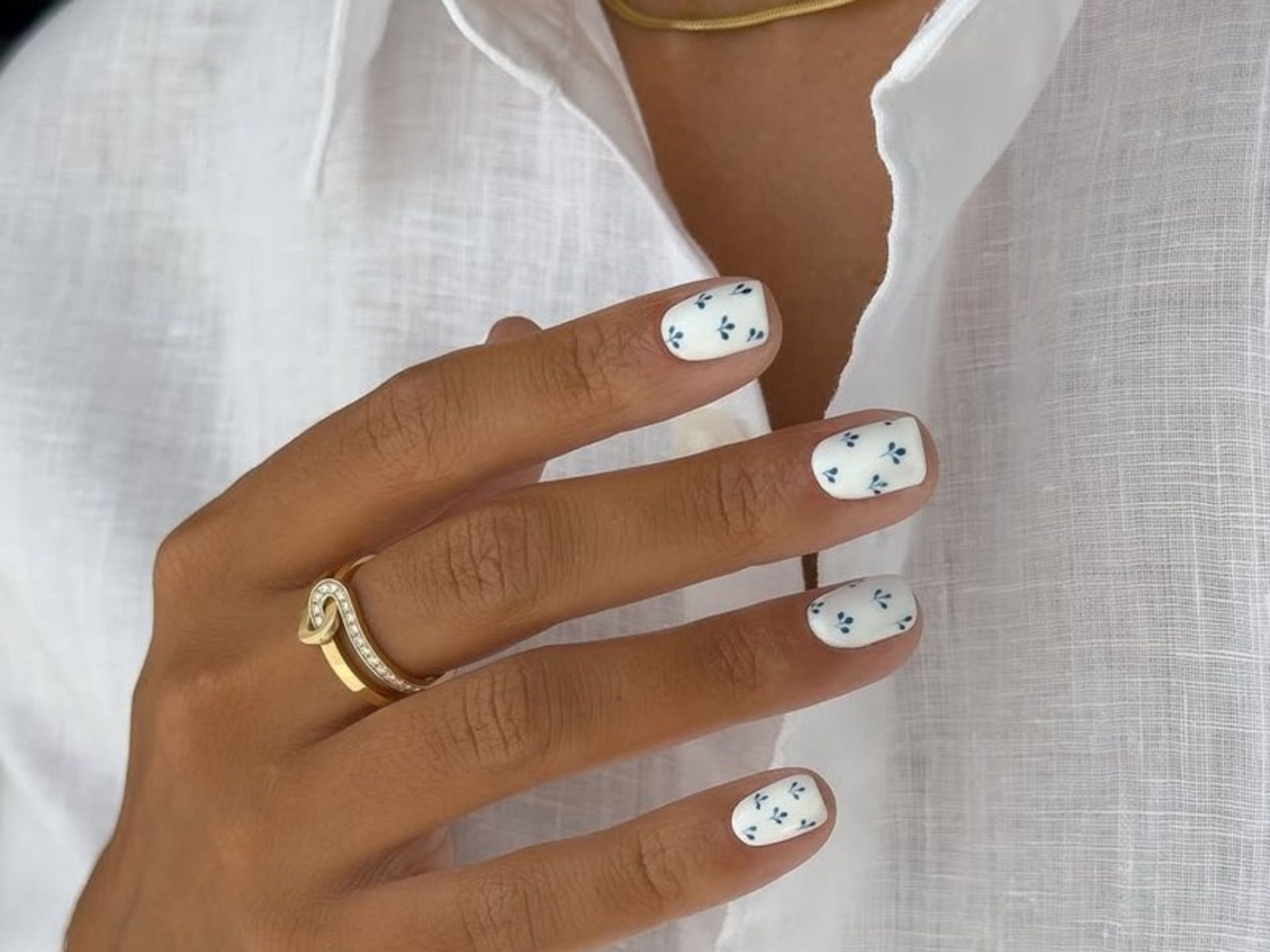 White with Delicate Blue Floral Print — Nails for Women Over 40