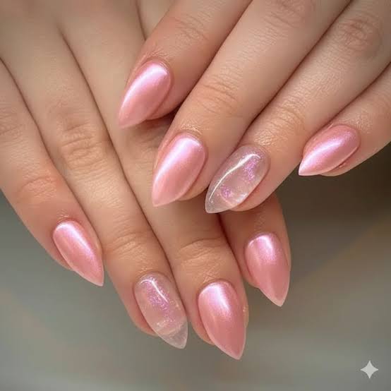 Pale Pink Pearlescent Foil French Pale Pink Pearlescent Foil French — Pink Chrome Nails