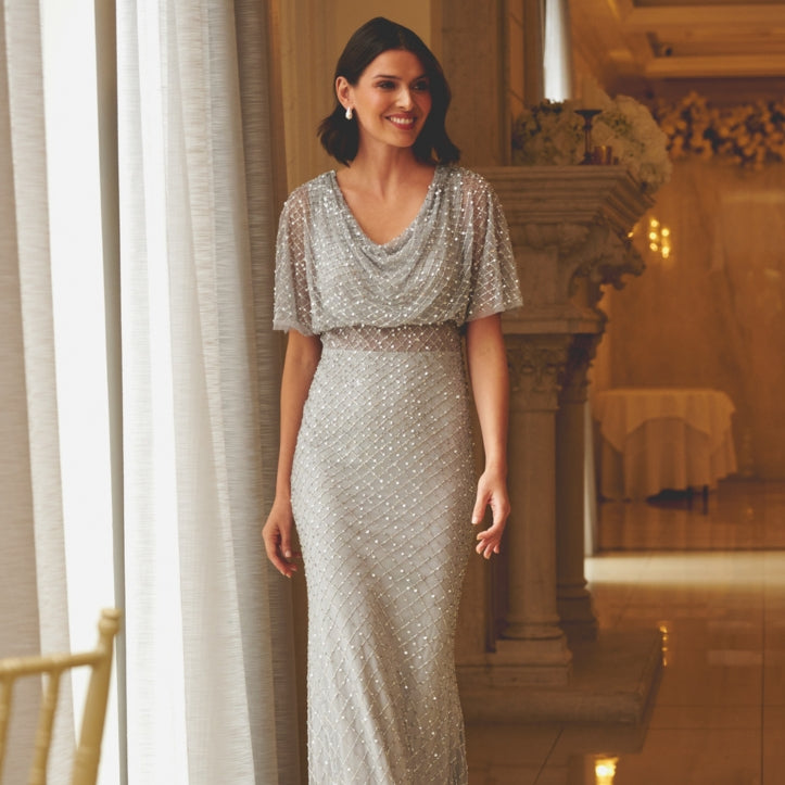 Dazzling Details: Silver Beaded Cowl Neck Dress Dazzling Details: Silver Beaded Cowl Neck Dress — Wedding Guest Outfits