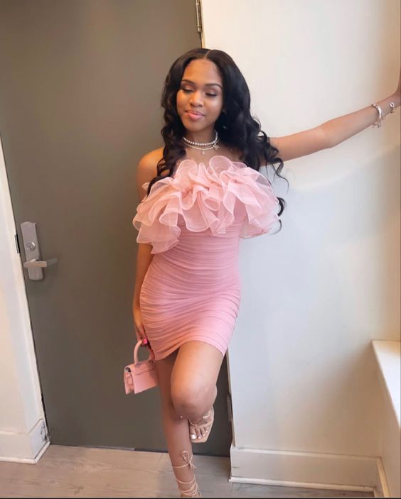 Vibrant Pink Ruched Mesh Dress with Ruffled Neckline for a Birthday Vibrant Pink Ruched Mesh Dress with Ruffled Neckline for a Birthday — Birthday Outfits