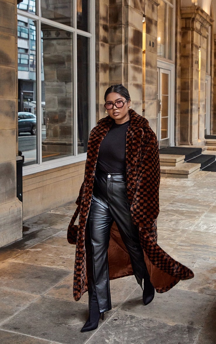 Checkered Faux Fur Coat with Leather Trousers Checkered Faux Fur Coat with Leather Trousers — Mob Wife Outfits