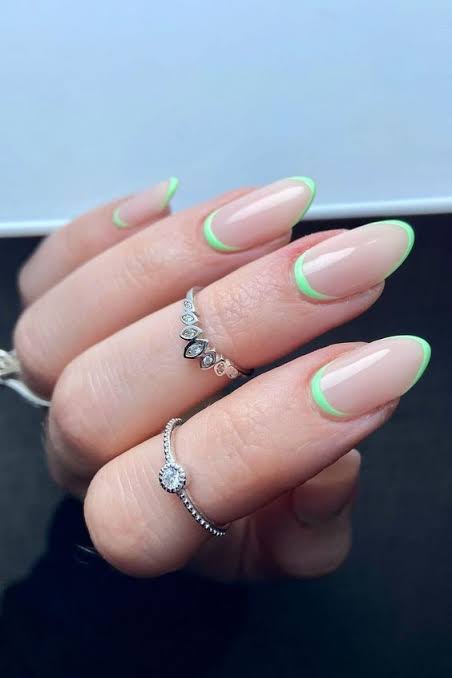 Neon Green Outline Oval Nails — Reverse French Nails
