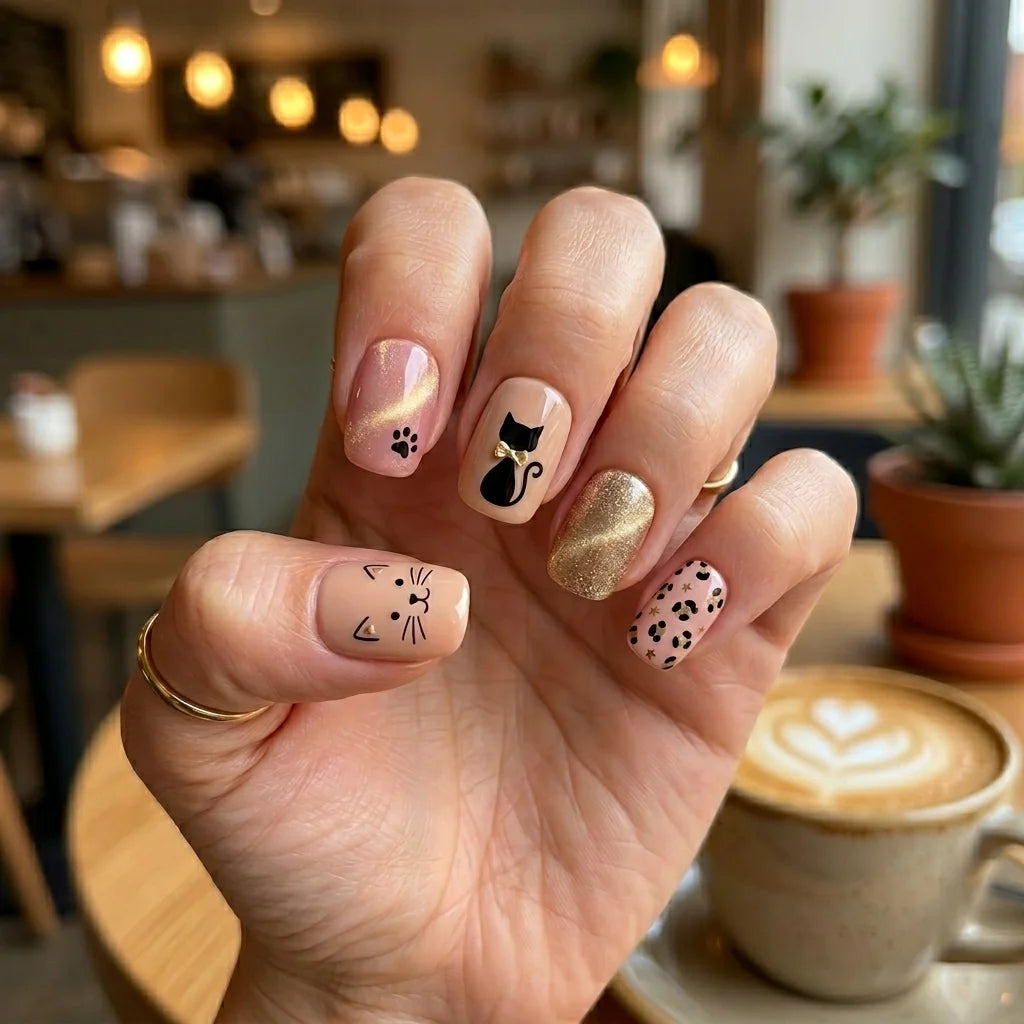 Short Square Cat Face & Paw Print Nails — Press On Nails
