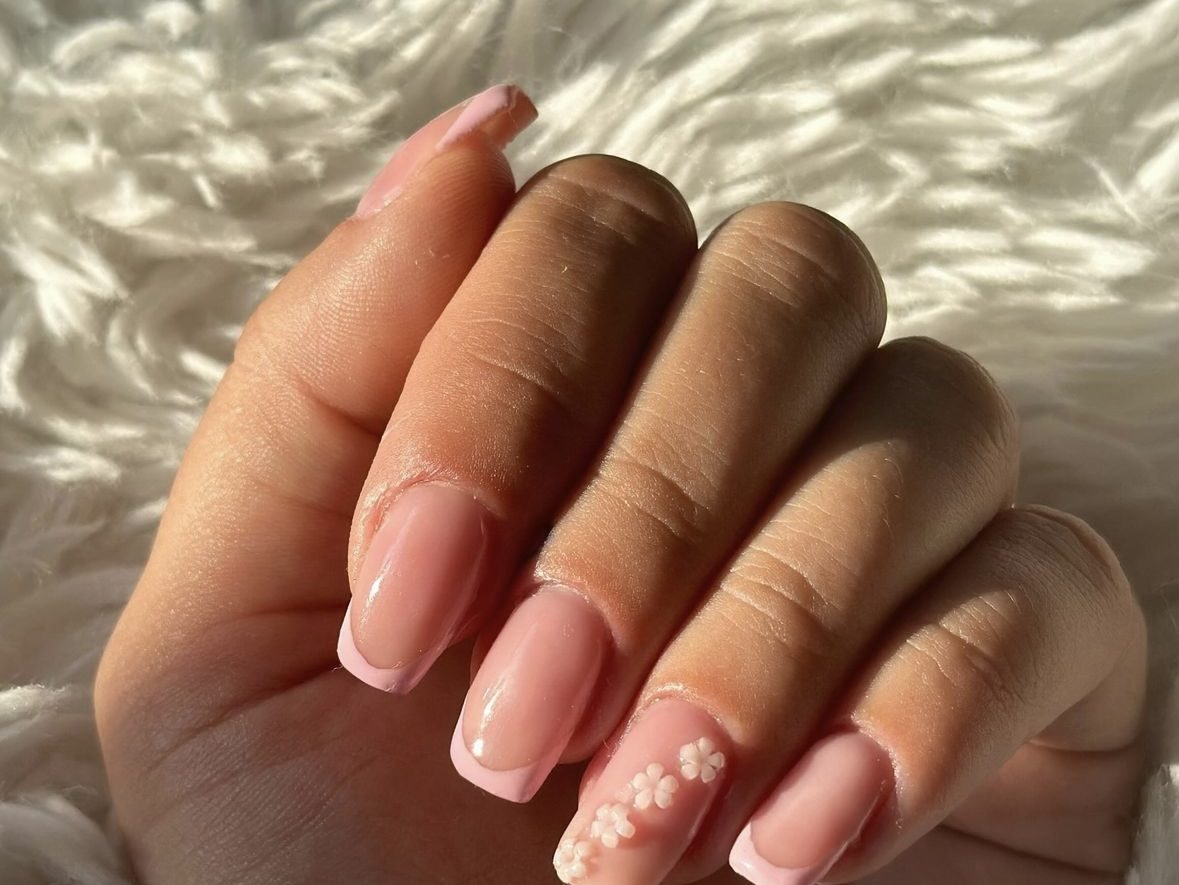 Sheer Pink French With Floral Accent — Wedding Guest Nails