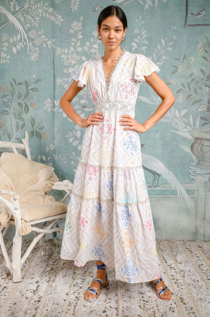 Tiered Printed Maxi Dress with Embellished Details for Daytime Events — Ibiza Outfits