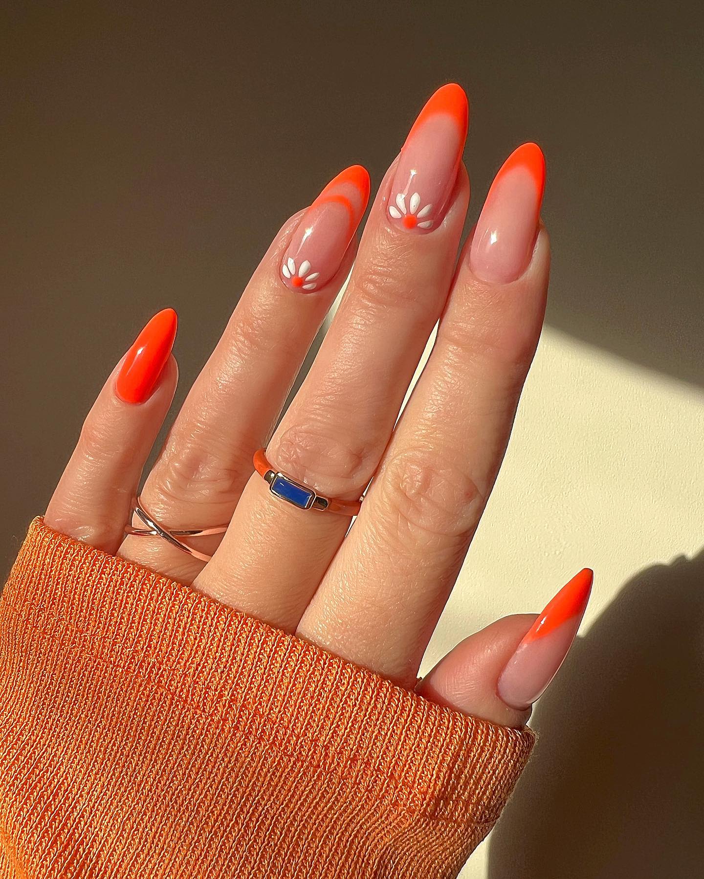 Bright Orange French Tip Florals — Vacation Nails