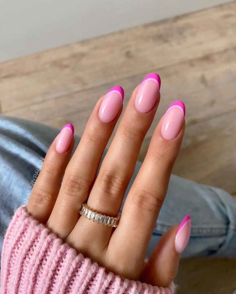 Vibrant Pink French Tip Medium Almond — Light Pink Nails