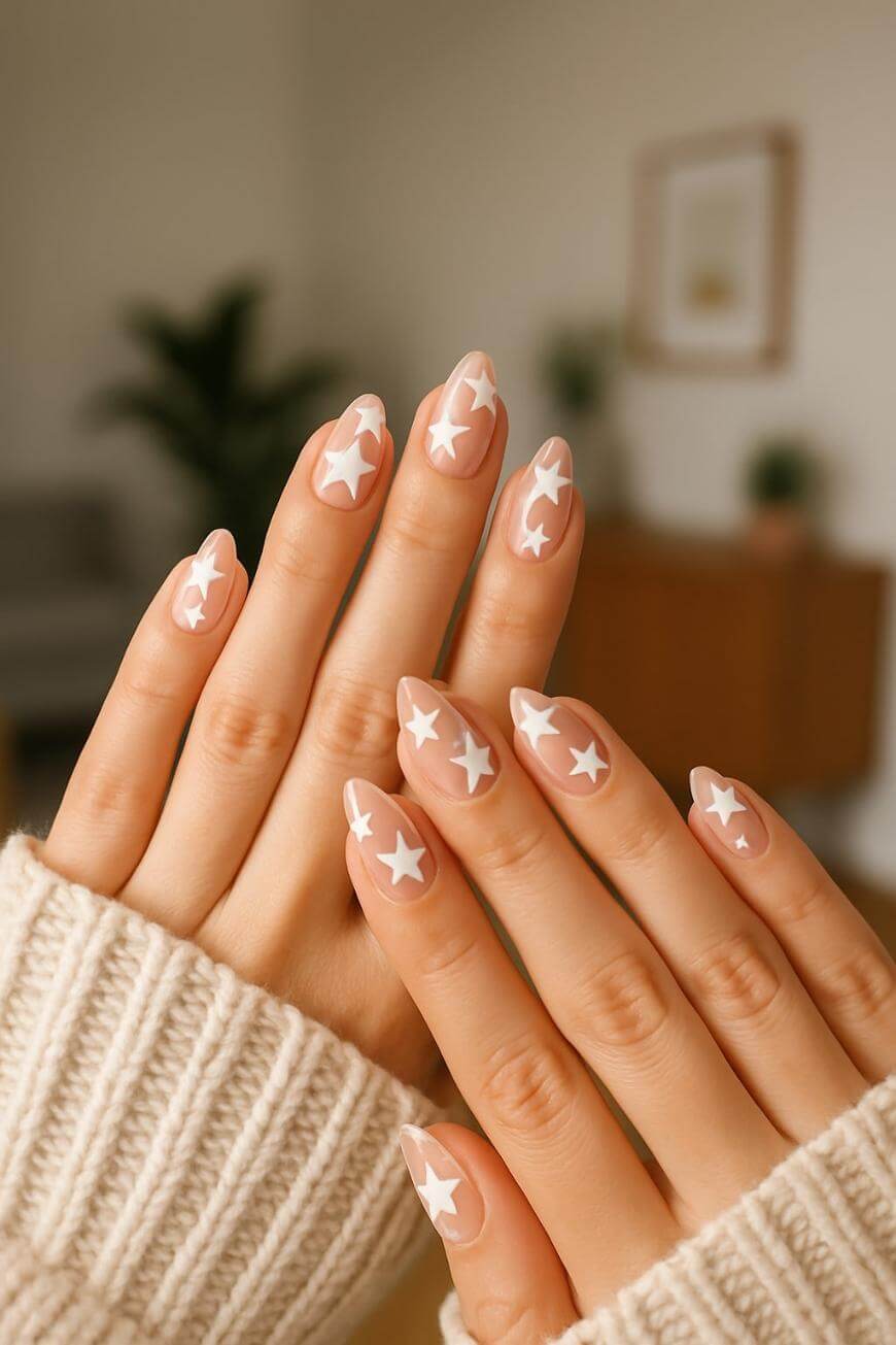 Nude White Star Decal Nails Nude White Star Decal Nails — Star Nails