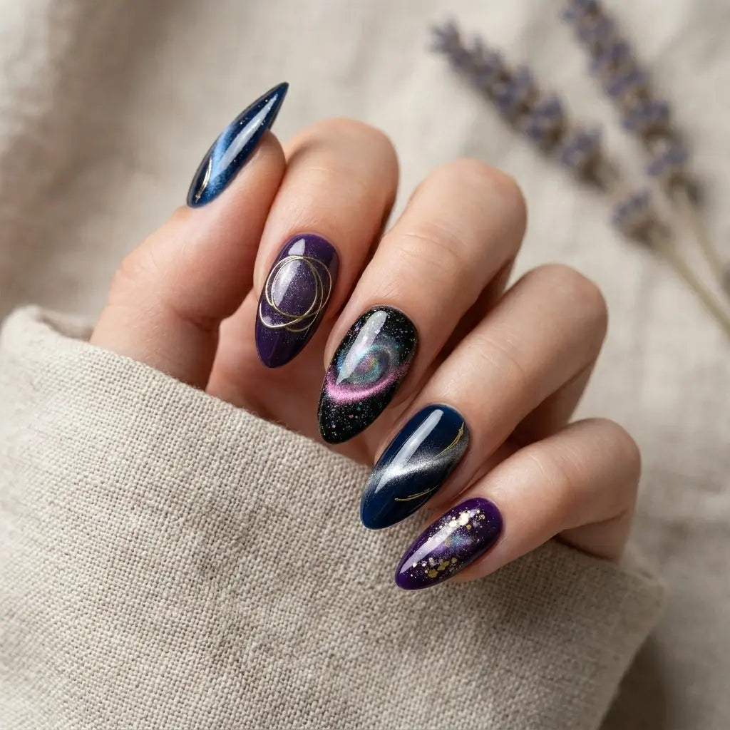Cosmic Cat-Eye Galaxy Print Almond Nails Cosmic Cat-Eye Galaxy Print Almond Nails — Dark Nails