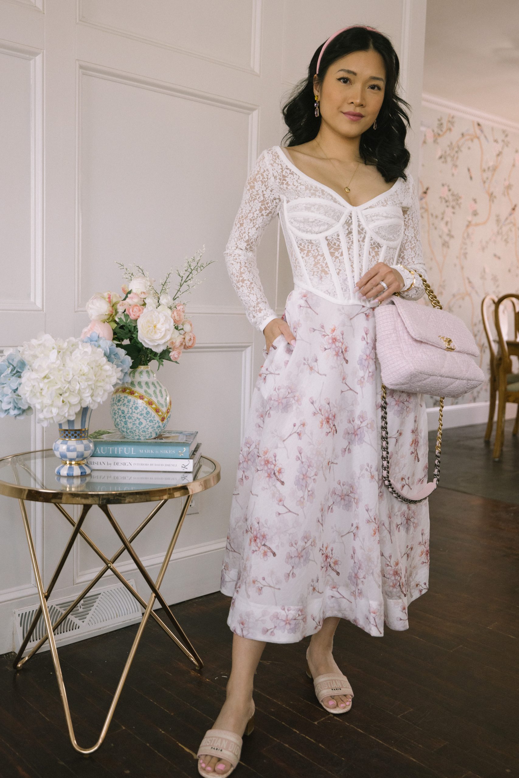 White Lace Corset Top with Floral A-Line Skirt — Brunch Outfits