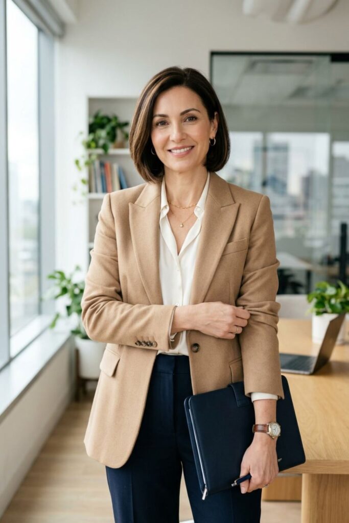 Camel Blazer Over White Shirt and Navy Trousers for an Elegant Interview — Interview Outfits