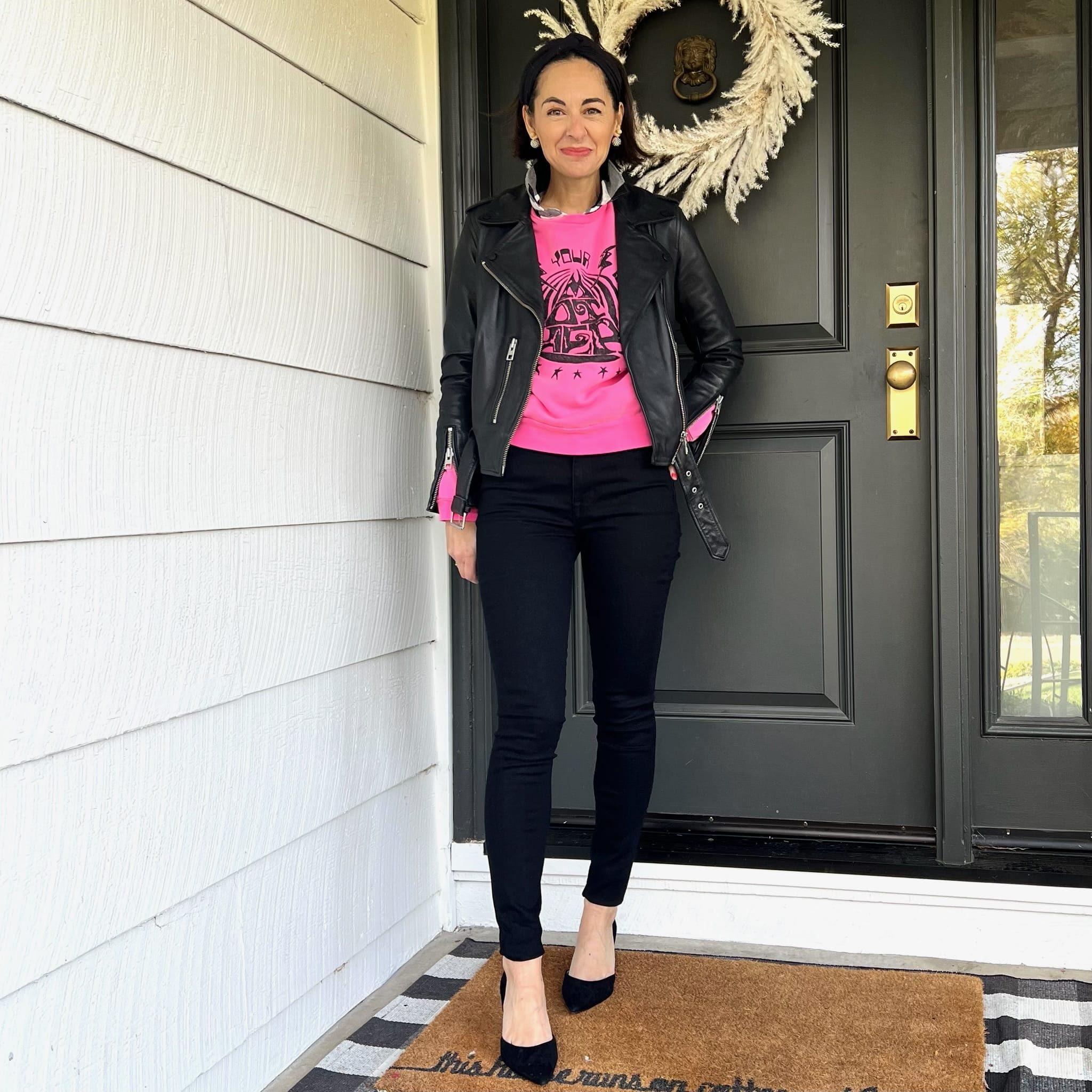 Leather Moto Jacket and Hot Pink Sweatshirt: Edgy Casual Leather Moto Jacket and Hot Pink Sweatshirt: Edgy Casual — Outfits for Women Over 40