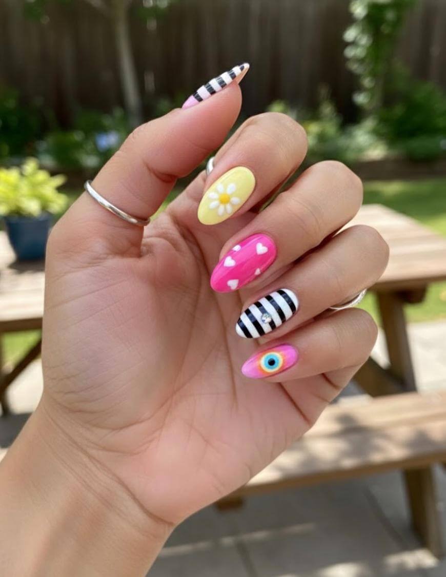 Stripes Hearts Daisy and Evil Eye — Mismatched Nails