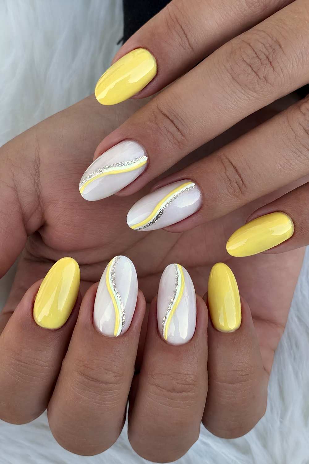 Bright Yellow and White Wavy Lines — Yellow Nails