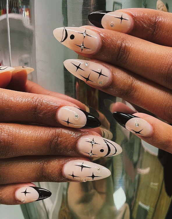 Celestial Black Half-Moon Medium Almonds — Medium Almond Nails