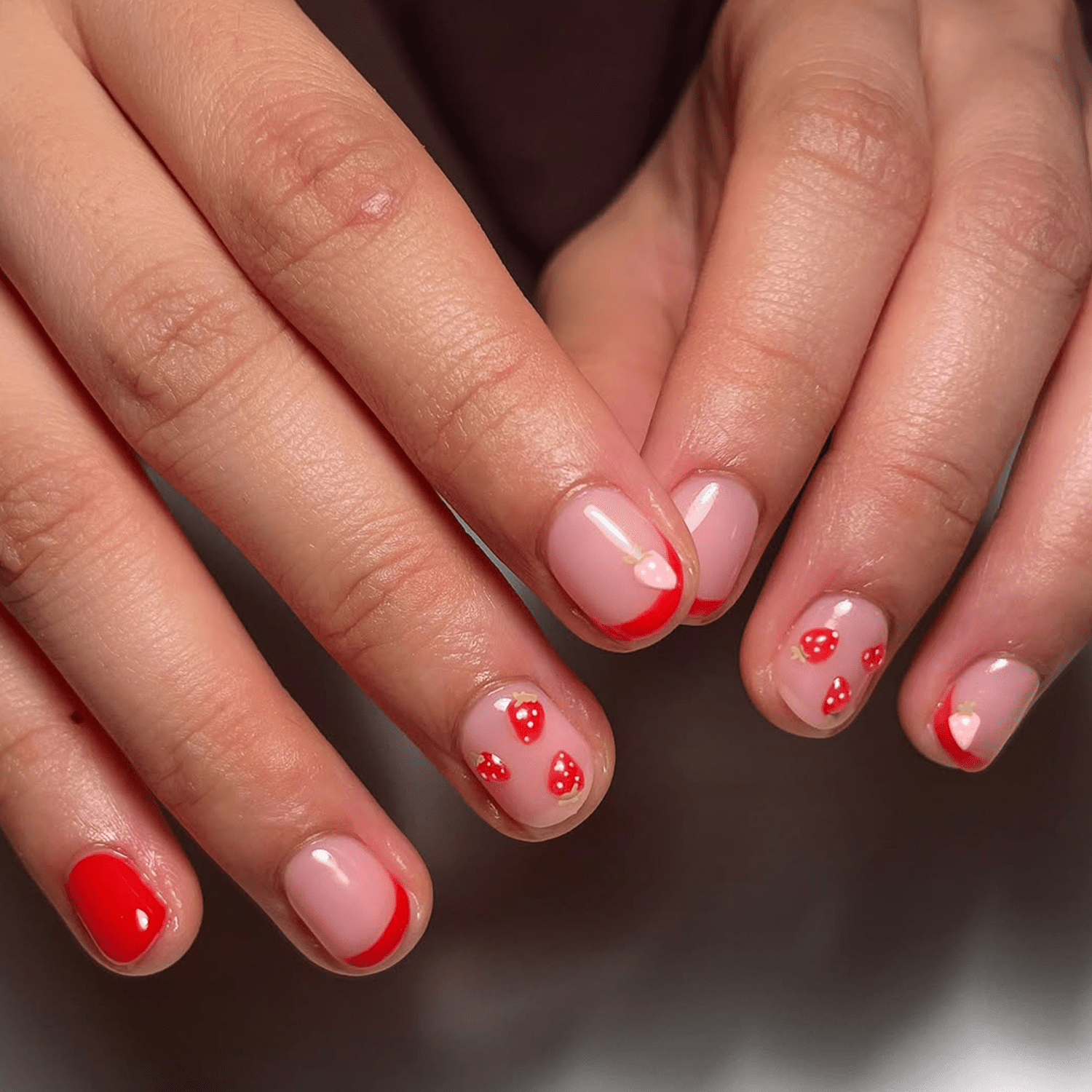 Pink Base With Red Strawberry Decals — Very Short Nails