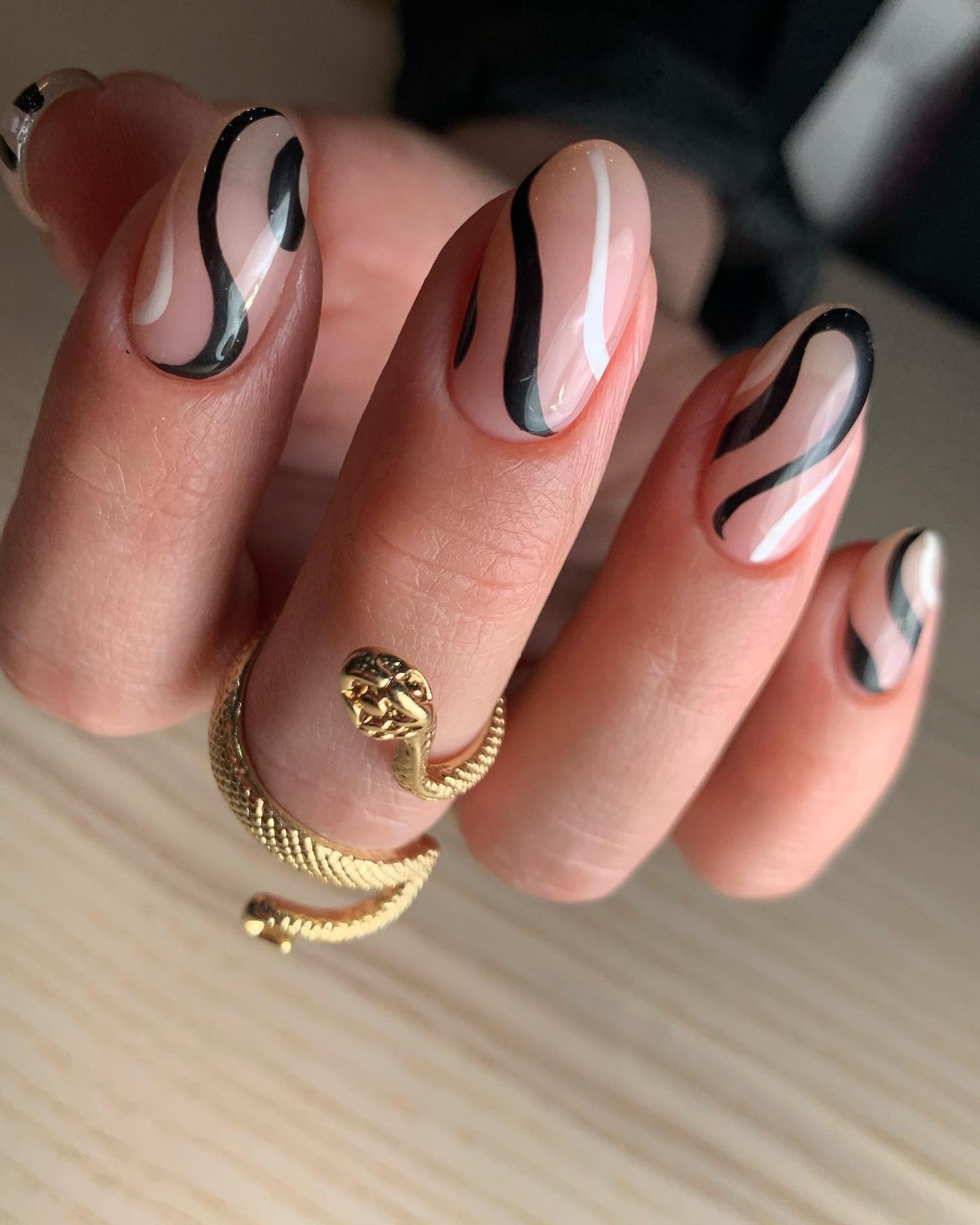 Nude Almond with Abstract Wavy Lines — Nail Designs