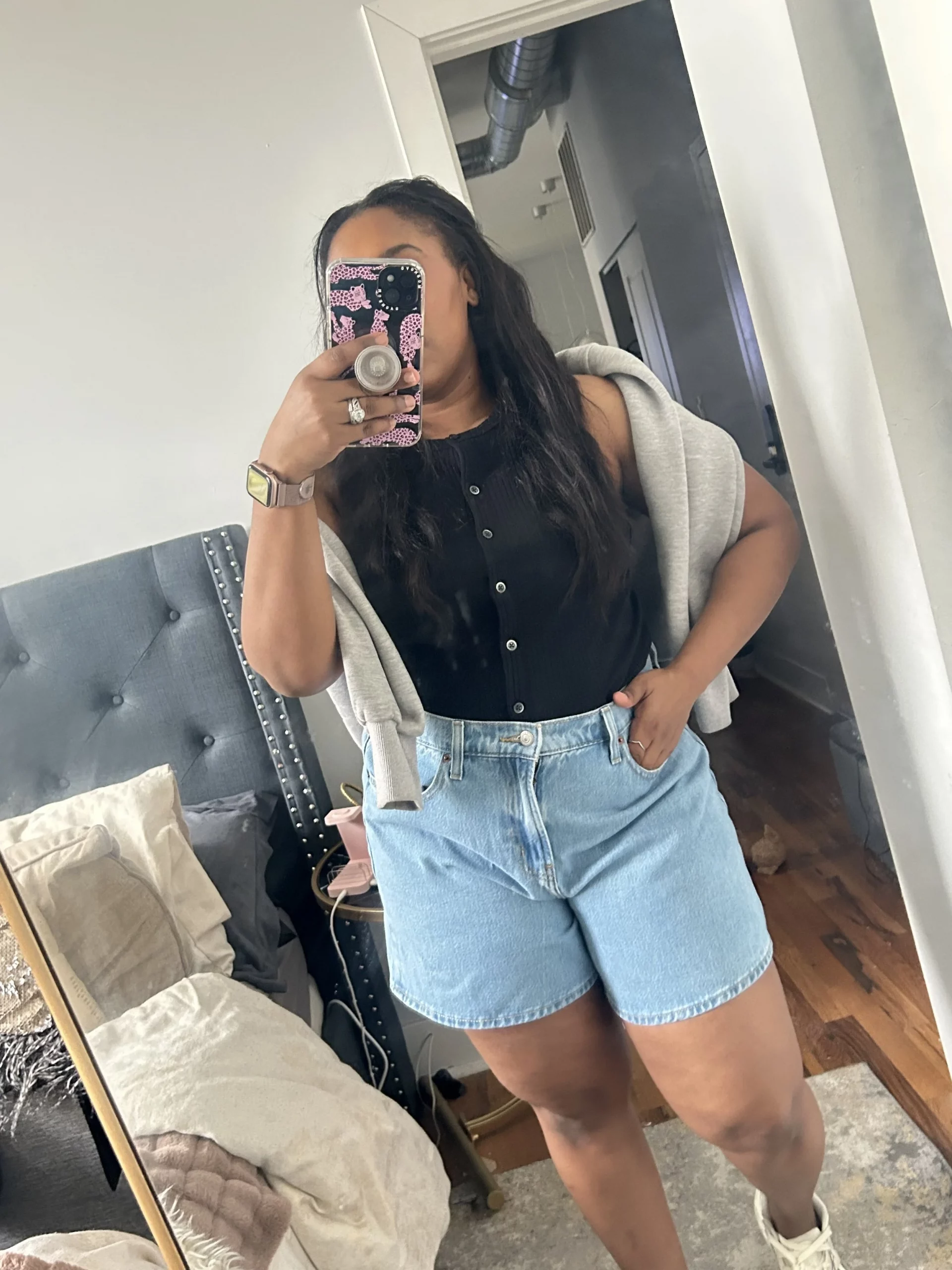 Denim Shorts with Draped Sweatshirt for Casual Comfort — Midsize Outfits
