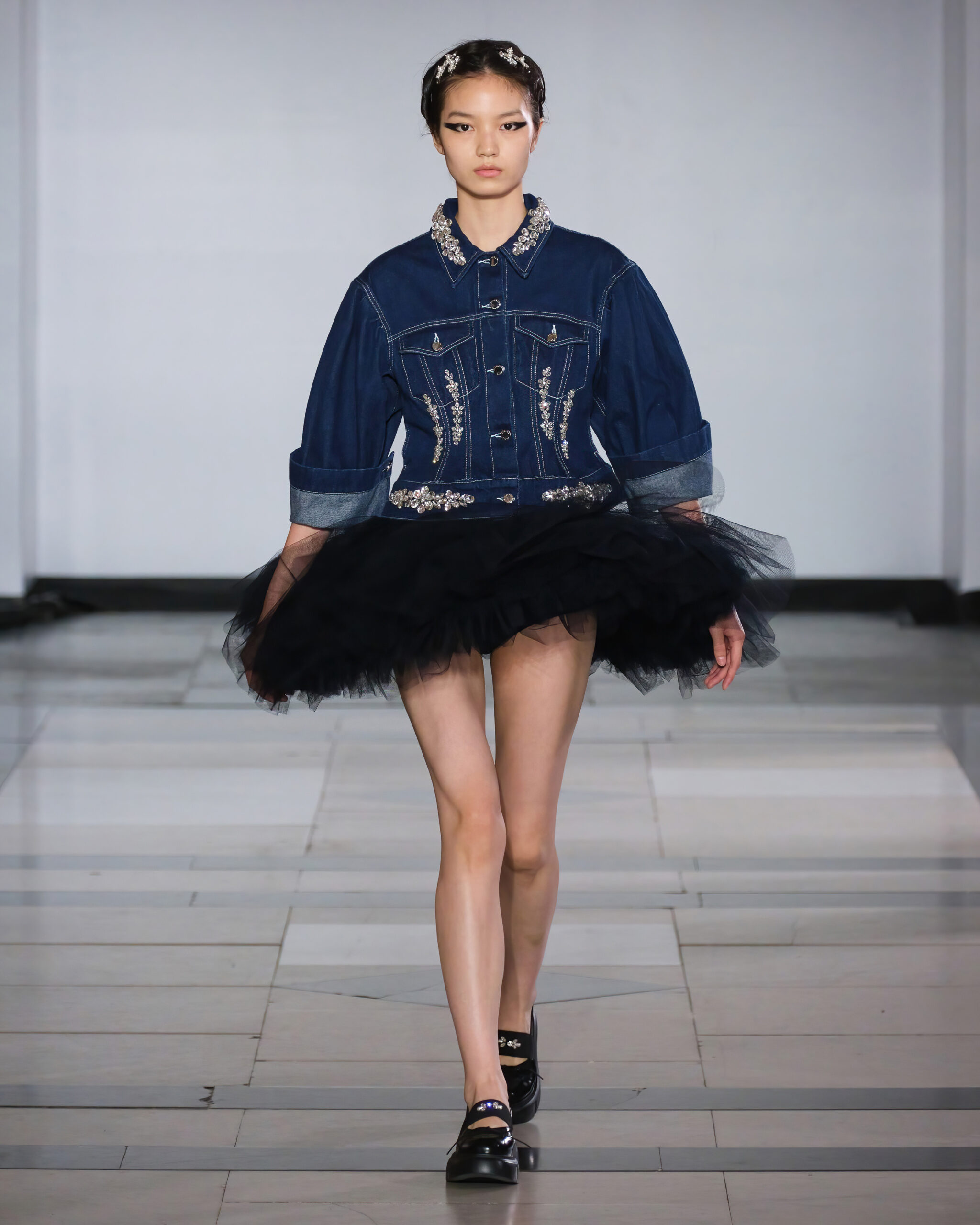 Denim Jacket with Embellishments Paired with a Black Tulle Tutu Denim Jacket with Embellishments Paired with a Black Tulle Tutu — Balletcore Outfits