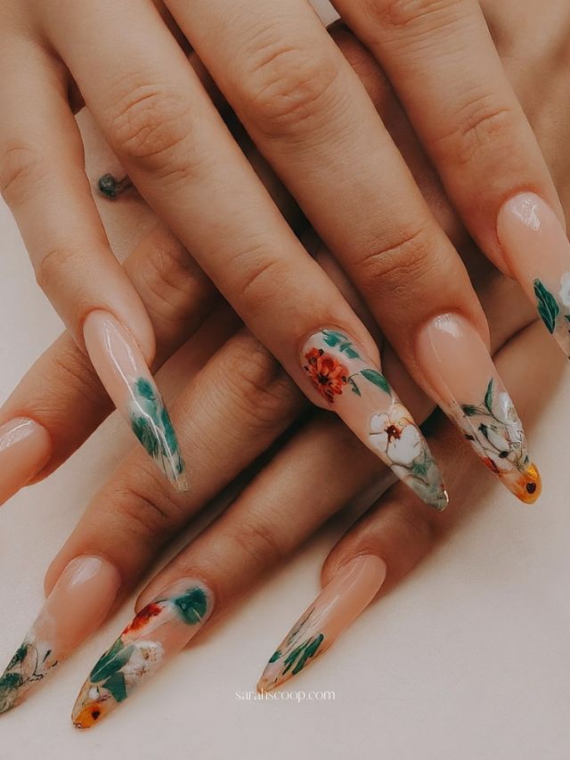 Sheer Nude Stilettos with Floral Decals — Long Nails