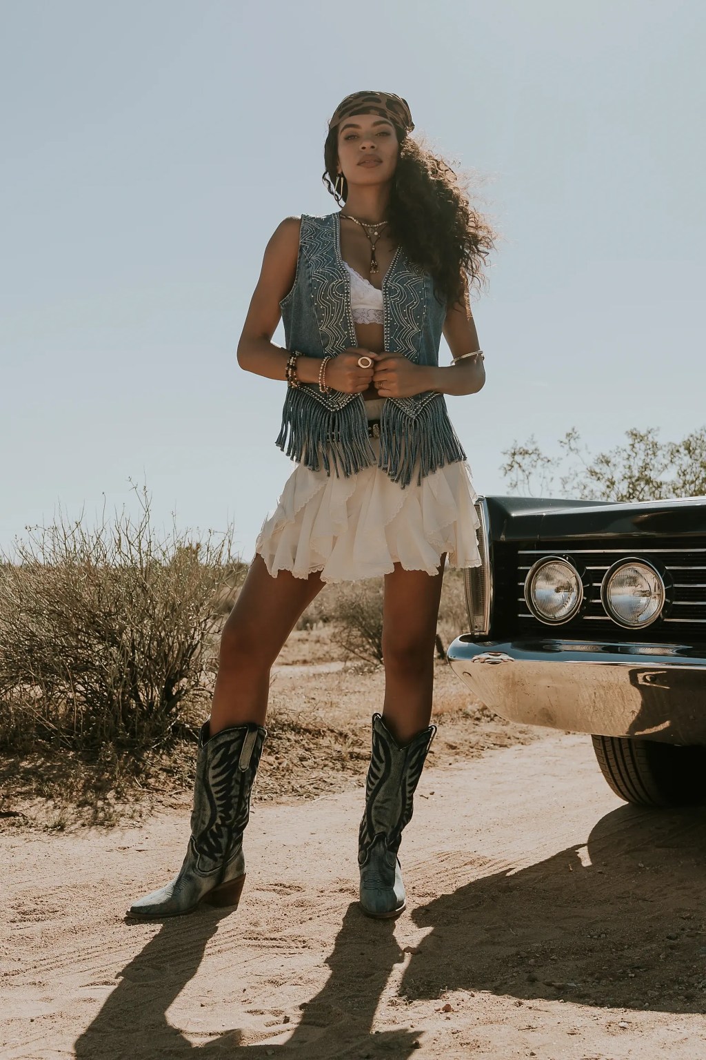 Denim Fringe Vest Over Lace Bralette and Mini Skirt — Coastal Cowgirl Outfits