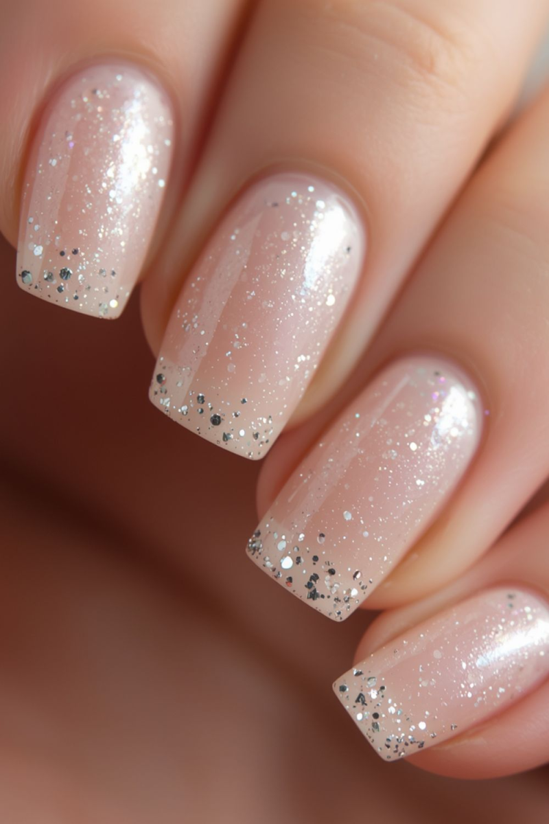 Milky Pink Silver Glitter Gradient Nails Milky Pink Silver Glitter Gradient Nails — Birthday Nails