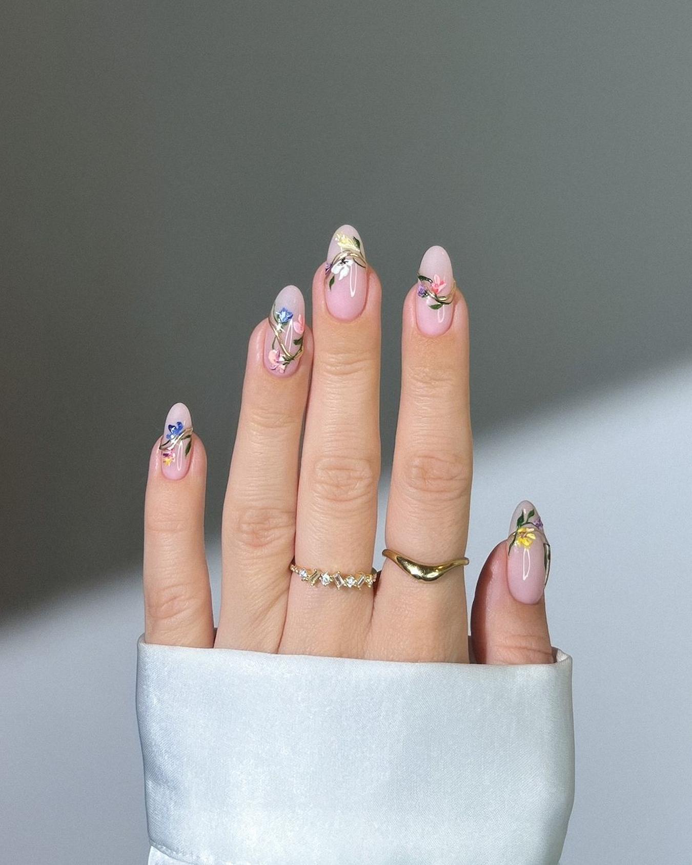 Delicate Floral Gold Accent Nails — Nails for Teens