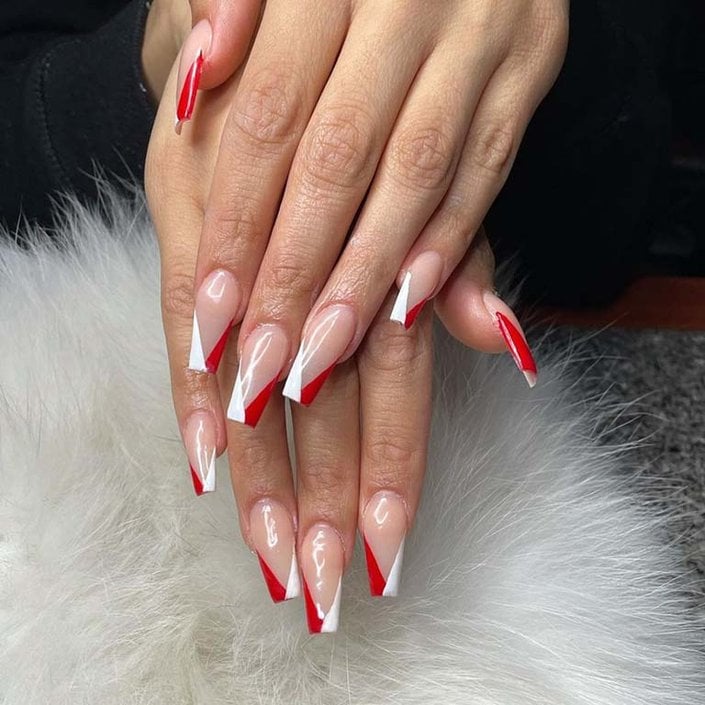 Classic Red and White French Long Square Nails — Acrylic Nails