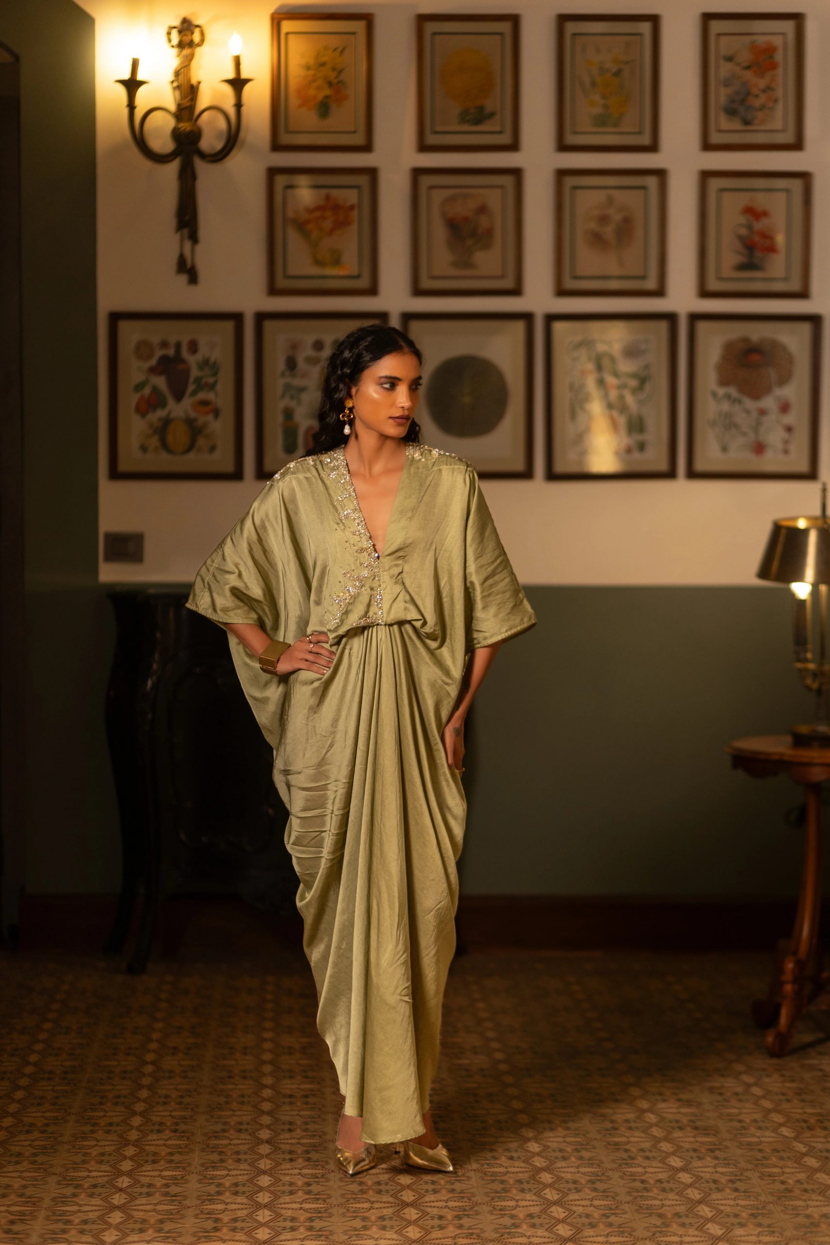 Olive Green Silk Dress with Embellished Neckline and Gold Heels Olive Green Silk Dress with Embellished Neckline and Gold Heels — Party Outfits
